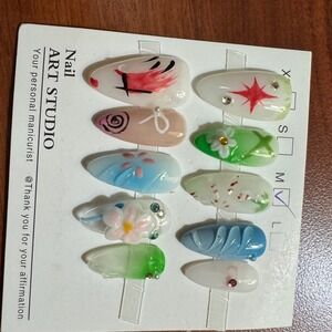 Press On Nails Medium Almond Set Hand‎ Painted Nail Art Designs